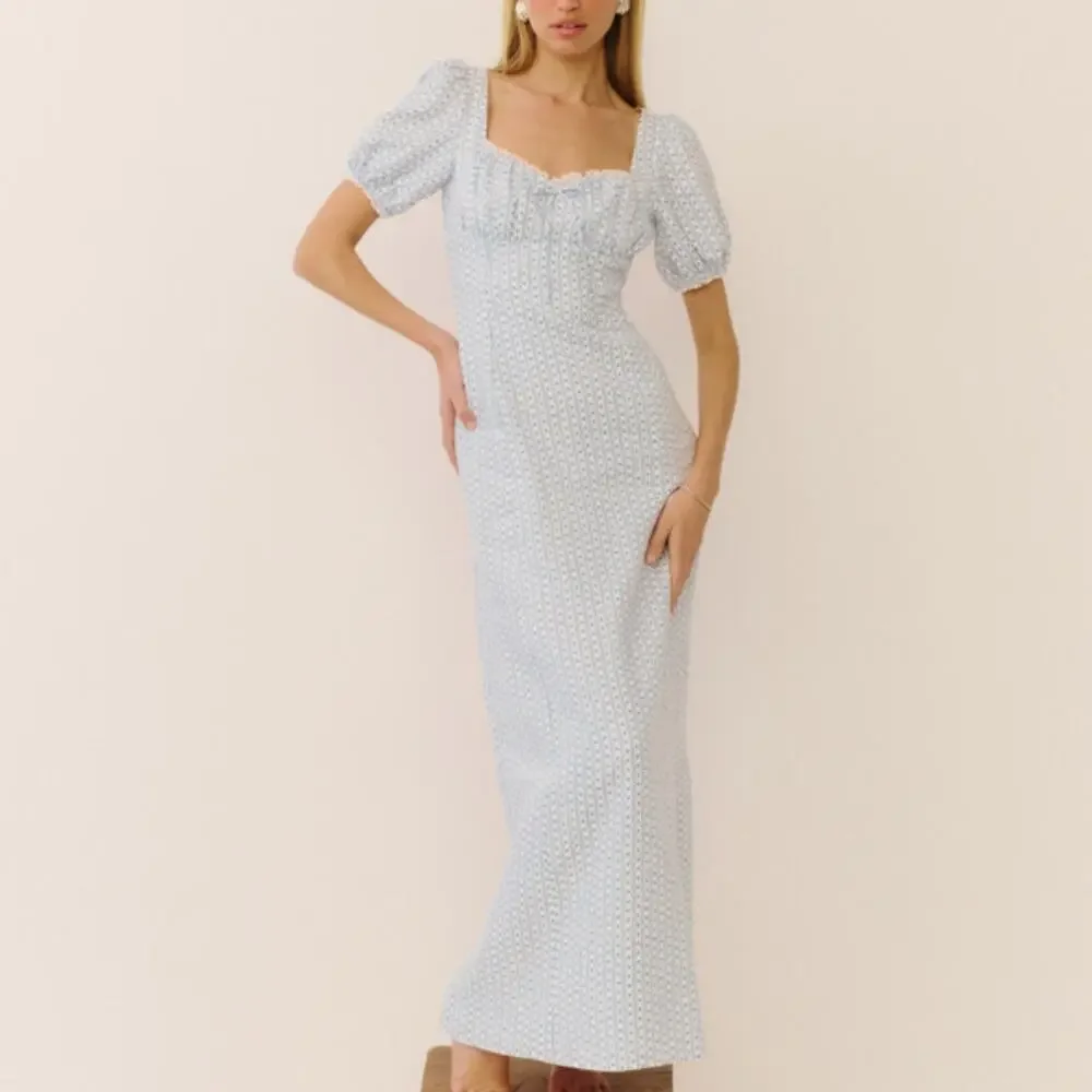 Reformation Cherise Maxi Dress NEW Linen Blue Motif Short Puff Sleeve Size 10 - Picture 1 of 8